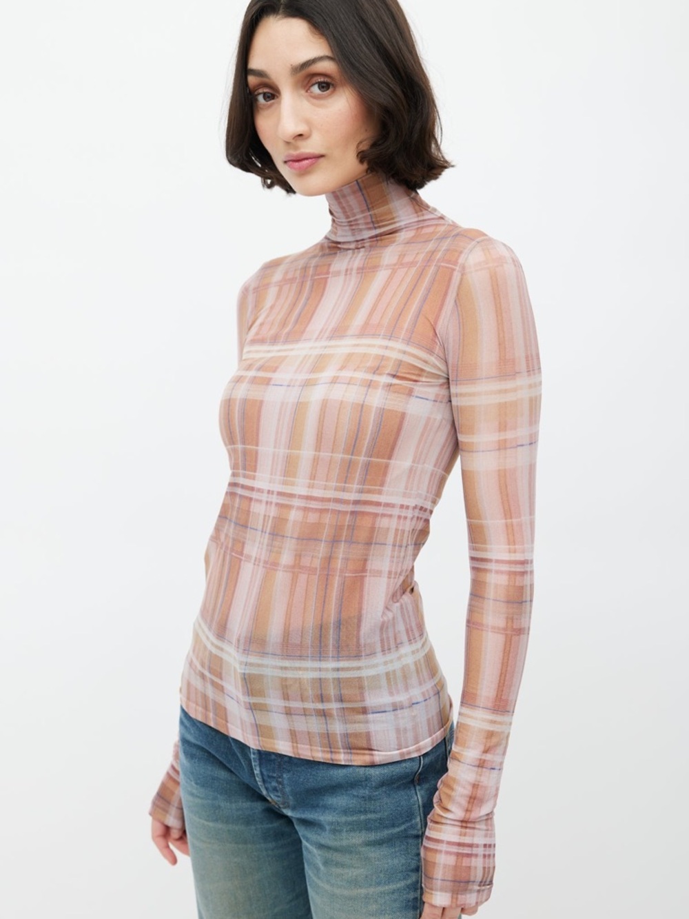 Acne Sheer Plaid Turtleneck pink/bronze